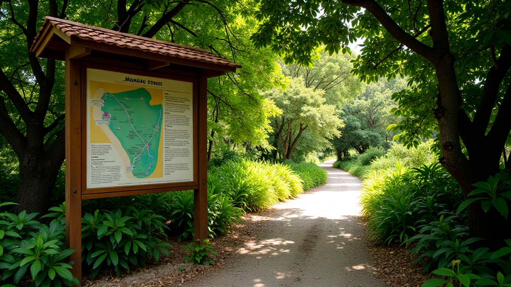 Entrada del sendero de la Hacienda La Esperanza con árboles frondosos y cartel informativo