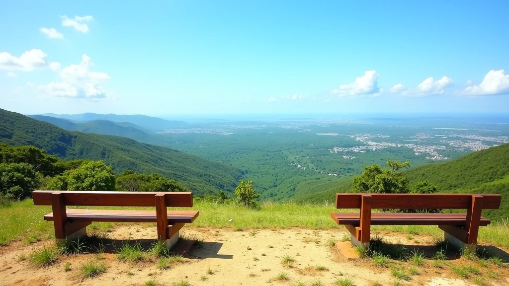 Mirador principal con bancos de descanso de madera, vista panorámica del valle urbano, montañas al fondo